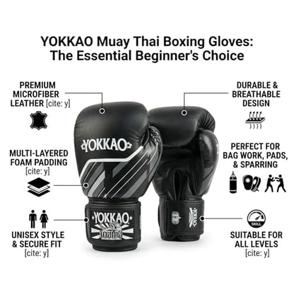 Yokkao Muay Thai Boxing Gloves – Essential Gloves for Beginners Men & Women Microfiber Leather Multi-Layered Foam Padding & Secure Fit - size: 10oz