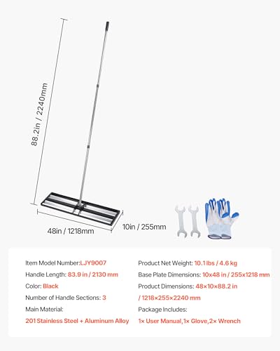 VEVOR Updated Lawn Leveling Rake with Roller, 48'' x 10" Stainless Steel Lawn Leveler with 83.9'' Adjustable Handle, Heavy Duty Yard Leveling Rake, Effort Saving Lawn Leveling Tool for Yard Golf Court - size: 10*48*84in (with Roller)