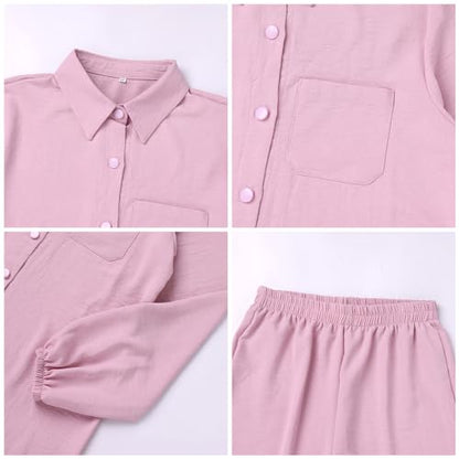 Women's Muslim 2 Pieces Sets Long Sleeve Button Down Shirt and Pants Abaya Casual Dress Dubai Outfits - color: Pink, size: Small