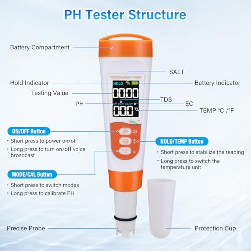hygger Pool Salt Tester & PH Meter, 5-in-1 Digital Pool Water Tester, High Accuracy Salinity PH Temp EC and TDS Saltwater Pool Test Kit for Aquarium Swimming Pool Hot Tub and Swim Spas
