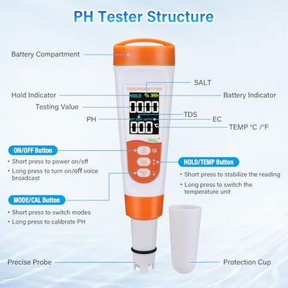 hygger Pool Salt Tester & PH Meter, 5-in-1 Digital Pool Water Tester, High Accuracy Salinity PH Temp EC and TDS Saltwater Pool Test Kit for Aquarium Swimming Pool Hot Tub and Swim Spas