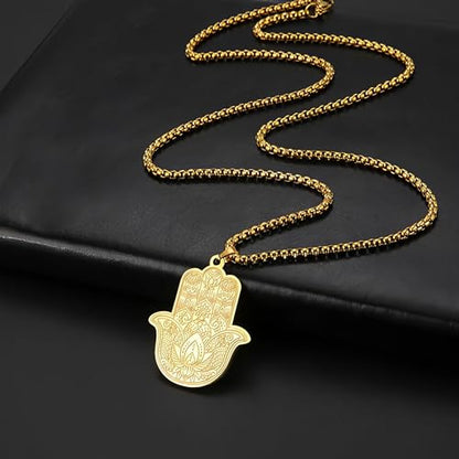 Gold Hamsa Hand Necklace for Men & Women, Stainless Steel Hand of Fatima Pendant, Spiritual Protection Amulet on a Box Chain