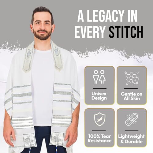 Holy Land Market Messianic Christian Shawl/Tallit - The Messiah Tallit (72 x 22 Inches) - color: All White / Silver