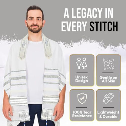 Holy Land Market Messianic Christian Shawl/Tallit - The Messiah Tallit (72 x 22 Inches) - color: All White / Silver