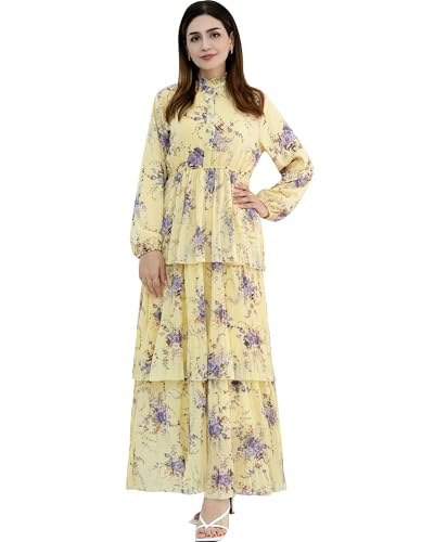 Breathable Modest Prayer Dresses Long Sleeve Layered Maxi Dress with Belt European Floral Print Women Muslim Abaya - color: Yellow, size: M(54)