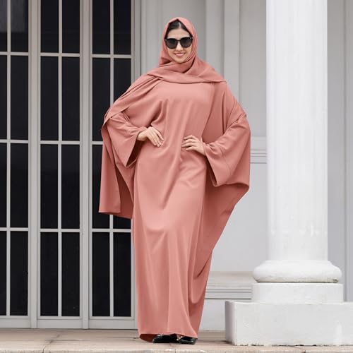 IDOPIP Abayas for Women Muslim Dress with Hijab, One-Piece Long Sleeve Islamic Prayer Dress with Khimar Jilbab Kaftan Clothes - color: Pink + Hijab
