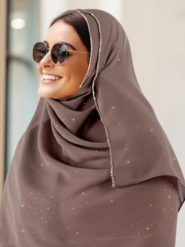 Geyoga Hijab Scarf for Women Soft Chiffon Rhinestone Long Scarf Shawl Fashion Muslim Hijab Head Wrap Scarves - color: Khaki