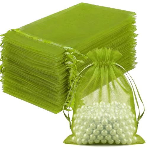 FUNFERY 100PCS Green Organza Gift Bags 4x6in,Drawstring Pouch for Jewelry - color: Green-4"x6"