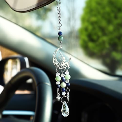 Car Rear View Mirror Christian Accessories Hanging Ornament, Angel Rearview Decor Charm Green Jade&Black Onyx Crystal Beads Swinging Interior Handmade Decor for Women Men - color: Angel02