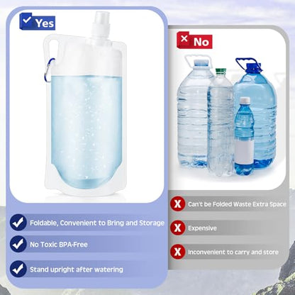 Maxdot 4 Pack 1L Collapsible Travel Water Bottles with Clip 33 oz Clear Foldable Water Pouch Container Bag for Hiking Backpacking Camping Travel Emergency