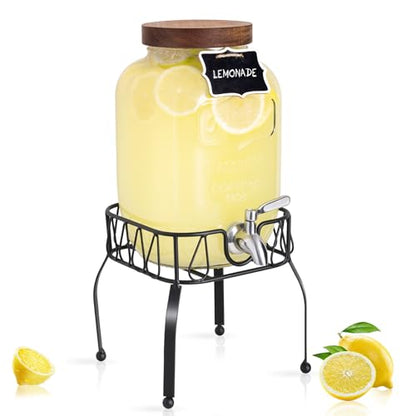 Mustry Glass Drink Dispenser for Parties, 1 Gallon Beverage Dispenser with Stand and Spigot Solid Stainless Steel, Used as Lemonade Dispenser Sun Tea Jar Kombucha Jar - size: Single, with Stand