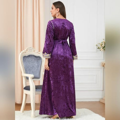 IDOPIP Muslim Women Velvet Dress Embroidery Abayas Long Sleeve V-Neck Moroccan Maxi Kaftan Dubai Robe Arabic Islamic Clothing - color: Purple, size: X-Large