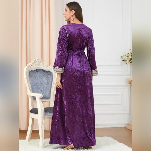 IDOPIP Muslim Women Velvet Dress Embroidery Abayas Long Sleeve V-Neck Moroccan Maxi Kaftan Dubai Robe Arabic Islamic Clothing - color: Purple, size: XX-Large
