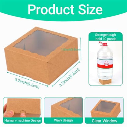 3.2" x3.2" x1.5" 50PCS Mini Bakery Boxes with Window Party Favors&Gifts - color: Brown