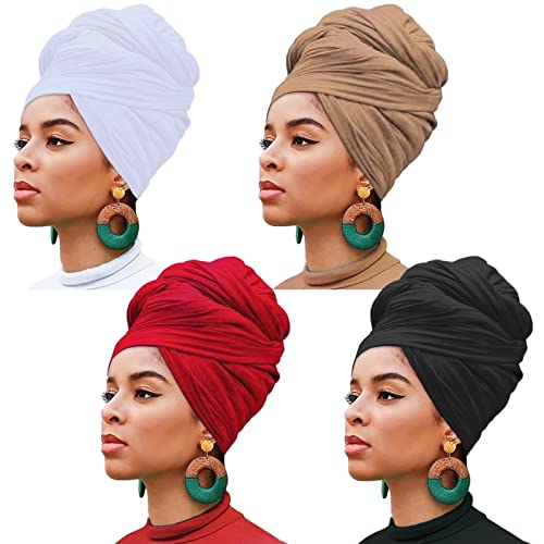 XTREND 4 Pieces Stretch Head Wrap Jersey Turban Fashion Headband Solid Color Bohemian Extra Long Hair Scarf Soft Breathable Easy to Knot Turban Tie for Women (Black, Camel, White, Wine Red) - color: Black, Camel, White, Wine Red