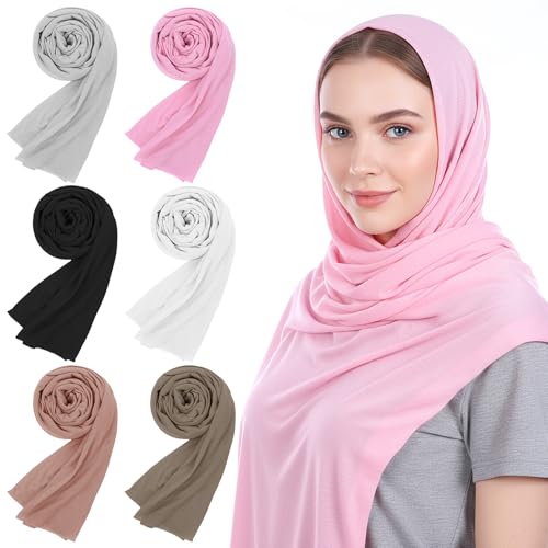 Lemecima 6 Pack Hijab Scarves for Women - Premium Polyester Long Head Jersey Hijab Scarf Wraps in 6 Solid Colors, Soft Muslim Scarf Shawl for All Season, 31.5 x 70.9 inches