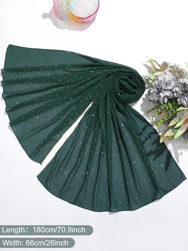 Geyoga Hijab Scarf for Women Soft Chiffon Rhinestone Long Scarf Shawl Fashion Muslim Hijab Head Wrap Scarves - color: Dark Green