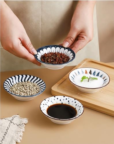 4 Pack 3 oz Small Soy Sauce Dish Ceramic Dipping Sauce Bowls | Japanese Style/Cute/Mini Dipping Bowls for Sushi,Side Dish,Ketchup,Dips,Condiment,Snack/BBQ Party/Stackable - color: Navy Blue