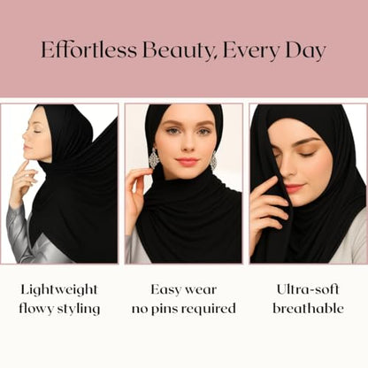 Premium Bamboo Jersey Hijab Scarves -Turban Head Wraps for Women, Fashion Headbands Long Plain Muslim Shawls - color: Black