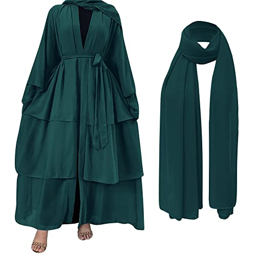 Muslim Abaya Dress for Women - Long Sleeve Islamic Dubai Abaya Cardigan Robe - Middle East Prayer Dress with Hijab - color: #A: Dark Green, size: Large