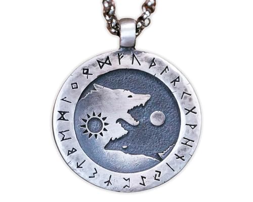 Baldur Jewelry Viking Wolf Yin Yang Necklace, Brass Norse Pendant - color: Silver Small Wolf Yin Yang Runes