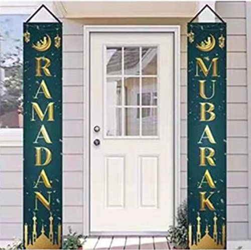 Eid Mubarak Sign Ramadan Kareem Banner Hanging Decor and Multi-Color Ramadan Kareem Balloons for Indoor Outdoor Decoration Islamic Muslim Party Supplies 72"x12" with 14pcs/set (RM)