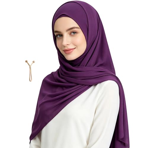 Jersey Hijab Scarf for Women,Lightweight Muslim Turban Head Scarf Modal Feel Hijab Coverings for Prayer with Clip - color: Purple