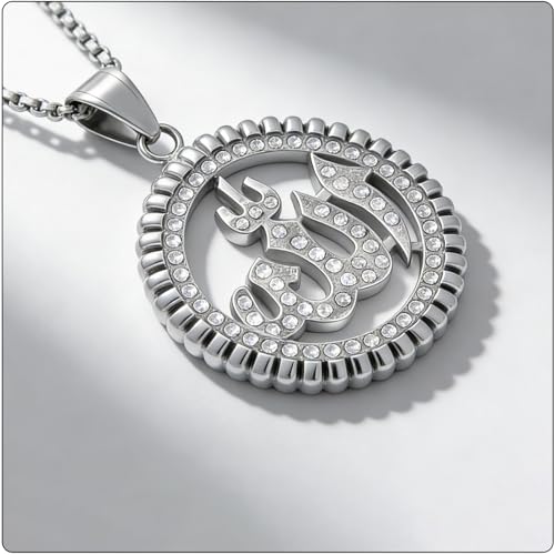 Hip Hop Stainless Steel Iced Out Hollow Allah Pendant Round Necklace - color: Steel