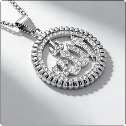 Hip Hop Stainless Steel Iced Out Hollow Allah Pendant Round Necklace - color: Steel