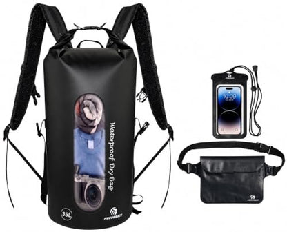 Freegrace Waterproof Dry Bag Set of 3 - Submersible Dry Sack with Double Zip Lock Seals - Includes Waist Pouch & Phone Case - Perfect for Kayaking, Swimming, Boating & Rafting (Window, Black, 35L) - color: Black, size: 35L, style: Window