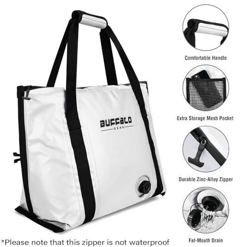 Buffalo Gear Insulated Fish Cooler - 27.5QT 58QT Waterproof Flat Bottom Bag, Leakproof and Fishing Kill Bag - color: White-37QT