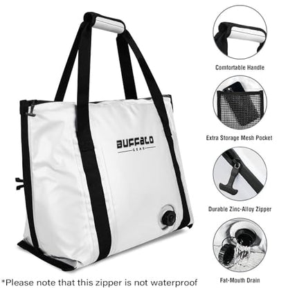 Buffalo Gear Insulated Fish Cooler - 27.5QT 58QT Waterproof Flat Bottom Bag, Leakproof and Fishing Kill Bag - color: White-37QT