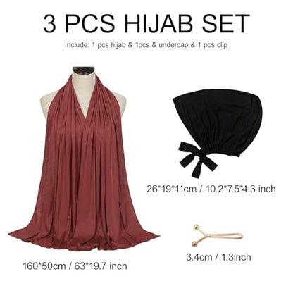 Hijab Scarf for Women, 3PCS Set with Undercap and Hijab Clip Lightweight Modal Muslim Head Wrap Scarf for Daily - color: Sy25-burgundy Hijab+black Undercap