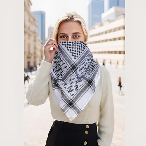 Jmkcoz Arab Shemagh Tactical Desert Keffiyeh Head Scarf Arabic Turban Neck Headwear Wrap Arab Muslim Costume for Men Women - color: Black and White
