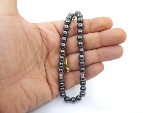Perlin Muslim Prayer Beads 33 Bead Black Hematite Tasbih – Islamic Misbaha Subha Dhikr Beads with 8 mm Hematite Gemstone Beads and 925 Sterling Silver Imam, Ottoman Style Prayer Rosary, 26 cm