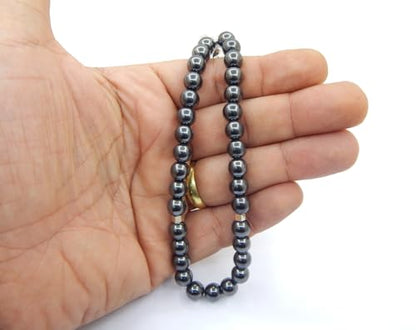 Perlin Muslim Prayer Beads 33 Bead Black Hematite Tasbih – Islamic Misbaha Subha Dhikr Beads with 8 mm Hematite Gemstone Beads and 925 Sterling Silver Imam, Ottoman Style Prayer Rosary, 26 cm