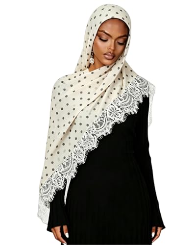 JUMISEE Elegant Floral Lace Hijab Scarf for Women Soft Cotton Head Wrap Instant Hijab Long Scarves Evening Dress Shawl - color: Beige Polka Dot