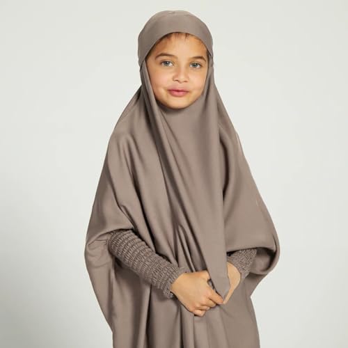 ODIZLI Muslim One Piece Prayer Hijab Dress Women Hooded Abaya Full Cover Islam Dubai Modest Robe - color: Gray Kids, size: 6-7 Years