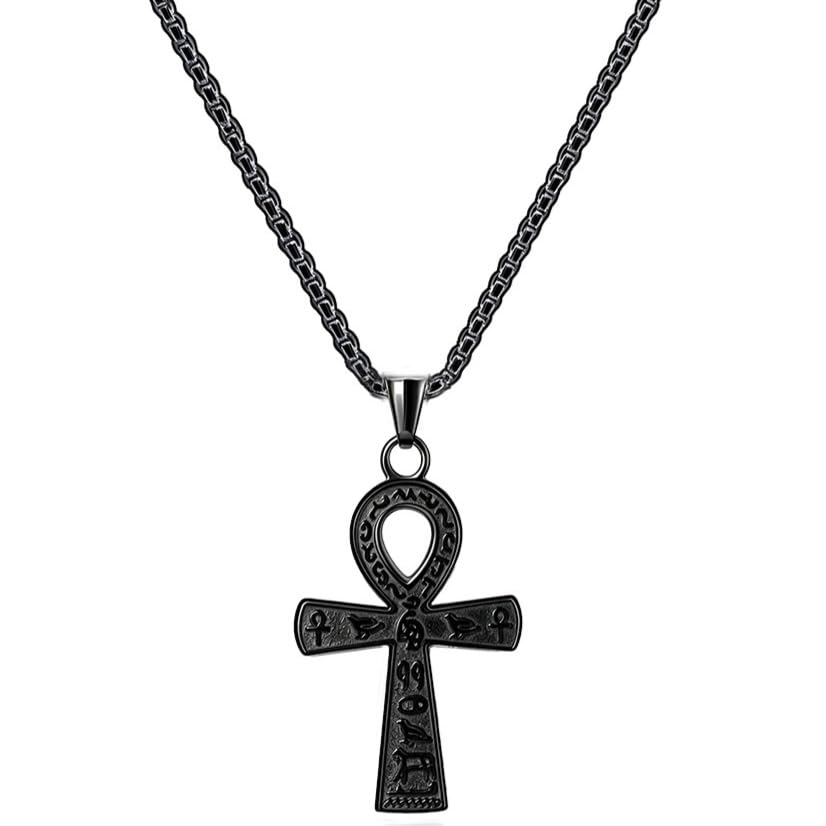 Ankh Cross Pendant Ancient Egyptian Hieroglyphic Symbol of Health and Eternal Life Men Cross Necklace with Tiger Eye Stone Obsidian Hematite Triple Protection Crystal Beads Chain - color: style 2