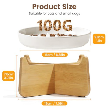 PETTOM Slow Feeder Cat Bowl Elevated Ceramic with Bamboo Stand, Raised Pet Puzzle Dishes for Indoor Cats Small Dog, Anti Vomit Cat Bowl for Wet & Dry Food - color: White-fishbone