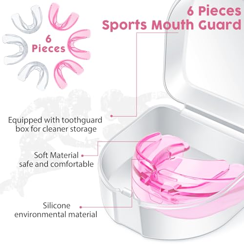 TOODOO 6 Pieces Braces Mouth Guard Kids Sports Mouth Guard for Kids Double Football Youth Mouthguards for Boxing Football Hockey Karate Basketball (Transparent, Pink) - color: White, Pink