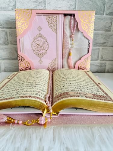 Muslim Prayer Rug, Elegant Full Arabic Thermo Leather Quran(9.4 * 6,6 inch / 24 * 17 cm) Beads I Perfect Islamic Gift I Suitable for Men, Women, Kids I Luxury Gift | Islamic Ramadan Eid Gifts - color: Pink