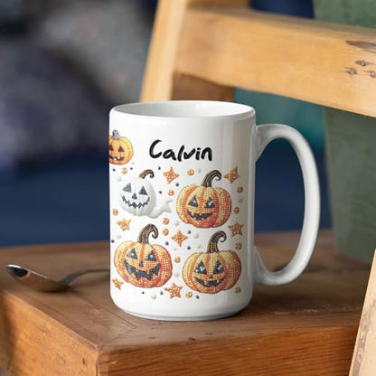 Personalized Sparkling Halloween Stickers Full Wrap Mug, Customized Name Coffee Cup 11oz 15oz, Customized Halloween Ghost And Pumpkin Ceramic Mug, Festive Autumn White Cup For Family - color: XUA-1124-3651-Halloween Mug