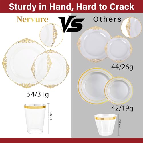Nervure 175PCS Clear Gold Plastic Plates - Gold Disposable Dinnerware Set for 25 Guests Include 50 Disposable Plates, 75 Plastic Silverware, 25 Cups, 25 Napkins for Wedding & Party - color: Clear, style: 175Pcs(25Guests)