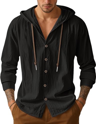 Mens Cotton Linen Button Down Hoodies Long Sleeve Casual Hoodies Hawaiian Beach Top Lightweight Fashion Shirts - color: Black, size: Medium