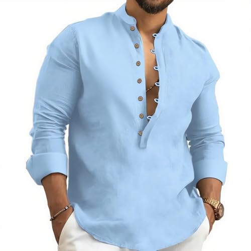Kubsid Mens Henley Shirts Casual T Shirt Long Sleeve Banded Collar Button Down Vintage Beach Tops - color: Sky Blue, size: Small