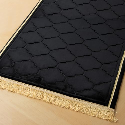 Muslim Prayer Rug with Tasbih Prayer Beads, Soft Memory Foam Prayer Matt Islam, Padded Islamic Prayer Mat Thick for Men and Women, Janamaz, Sajadah (25.6" x 43.3", Black) - color: Black