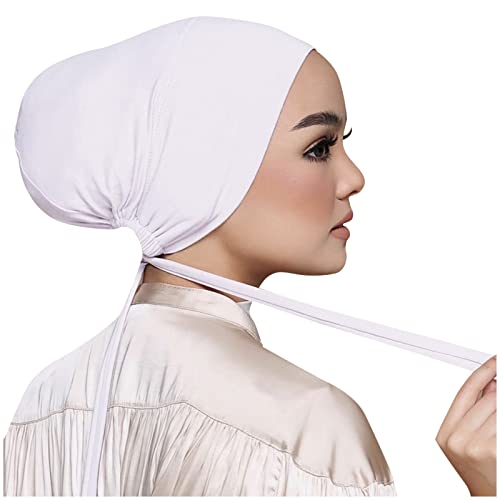 Chiffon Hijab with Undercap Fashion Solid Color Chiffon Head Wraps Under Scarf Caps Muslim Fashion Bandage - color: White
