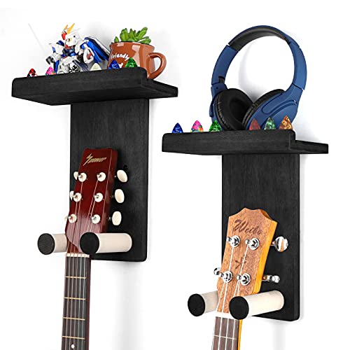 Keebofly Guitar Wall Hanger,2 Pack Guitar Wall Mount Holder Guitar Hanger Shelf with Pick Holder Wood Guitar Rack for Acoustic or Electric Guitar,Ukulele,Bass,Mandolin Black,[Patented] - color: 2 Pack_Black