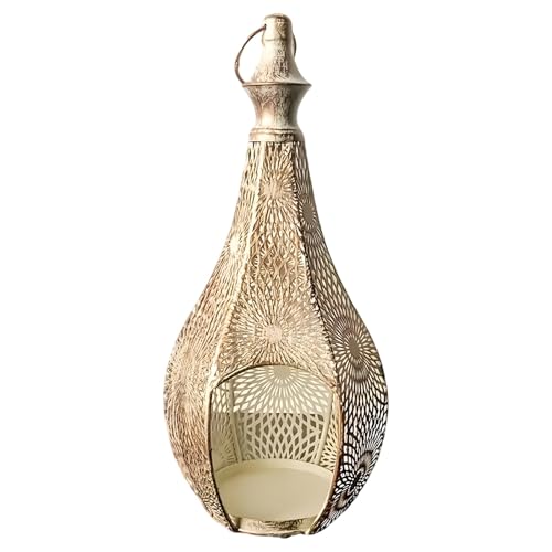 Decorative Candle Holder, Moroccan Gourd Lantern Lamp with Hollow Metal Design, Bohemian Hanging Light for Home & Ramadan Decoration